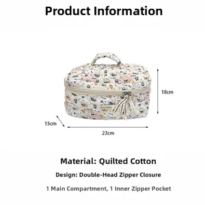 Quilted cotton makeup bag with bear print, size 23x15x18cm, dual zipper and handle