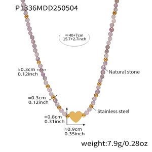 Detail view of natural stone necklace with stainless steel heart pendant and measurements