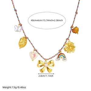 Rainbow cord necklace with stainless steel butterfly and heart charms on white backdrop