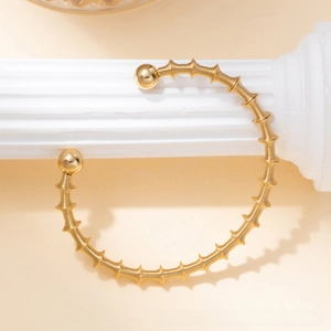 Detail shot of golden spiral twisted titanium steel bangle with elegant polished sphere ends