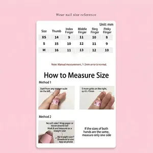 Size chart for gradient press-on nails showing XS, S, M measurements in mm