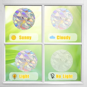 Detail of round holographic prism window decals showing rainbow effects in light
