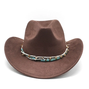 Chapeau de cowboy western en daim marron foncé avec bandeau en perles colorées