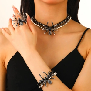 Gothic Spider Necklace Bracelet Ring Earrings Alloy Red Rhinestone Black Beads Halloween Punk Jewelry For Women