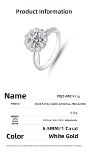 Detailed product specifications for the 1 carat Moissanite S925 silver sunflower ring