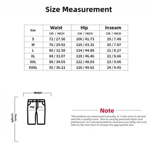 Detailed size chart for men's shorts showing waist and hip measurements in cm and inches