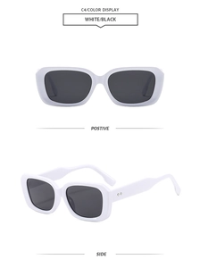 Detail view of retro square white frame sunglasses with black lenses and silver rivets