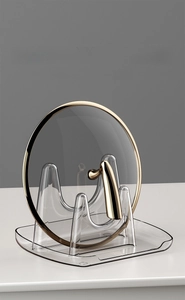 U-shaped transparent PET lid rack with gold rim showing double-slot structure
