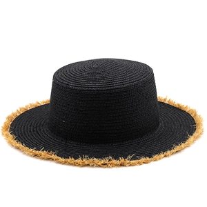 Black boater straw hat with khaki raffia fringe trim and spiral woven texture