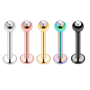 Set of five stainless steel labret studs with cubic zirconia in various colors