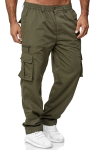 Detailed view of army green cargo pants featuring side flap pockets and twill fabric