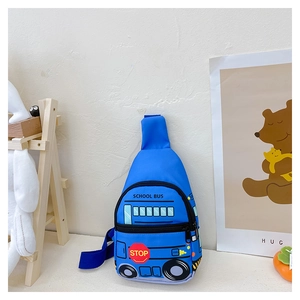 Blue school bus chest bag for kids displayed against a soft minimalist background