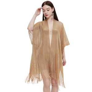 Elegant gold metallic mesh shrug with fringe tassels for beach or party wear