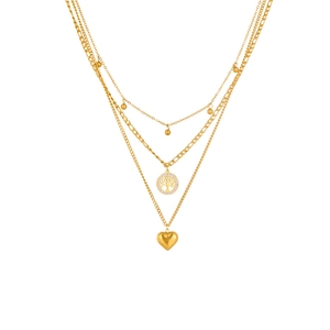Three-layer gold titanium steel necklace with tree of life and heart pendants on white background