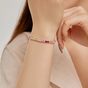 Detail of 2mm S925 sterling silver tennis bracelet with multi-color gradient zircon stones