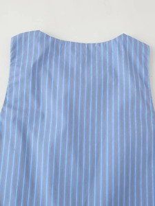 Detailed view of blue vertical striped fabric texture on sleeveless pajama set top