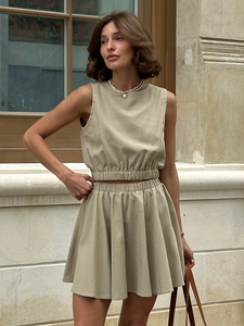 Sleeveless Round Neck Top And High Waist Pleated Skirt Cotton Linen Casual Summer Apparel For Women
