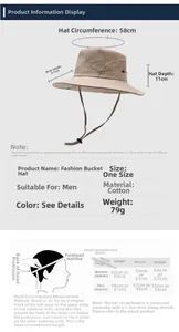 Detailed size chart infographic for outdoor sun hat with brim and crown measurements