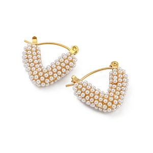 Elegant 18K gold plated stainless steel V-shaped earrings with white pearl hearts