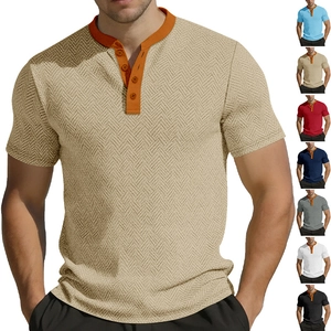 T-Shirt Henley Homme Manches Courtes Tissu Jacquard Respirant Haut Été Décontracté Col À Boutons Style À Chevrons