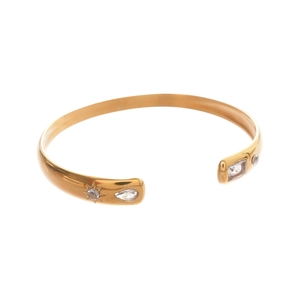 Golden sun droplet cuff bracelet with zircon inlays in polished stainless steel