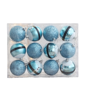 Lot de 12 boules de Noël bleu clair avec motif ceinture du Père Noël en boîte transparente