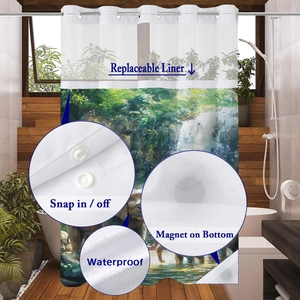 Detail of waterproof waffle shower curtain with snap-in liner and magnetic weighted hem