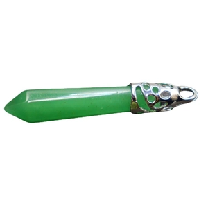 Green hexagonal crystal pillar necklace with silver hollow metal wrap pendant