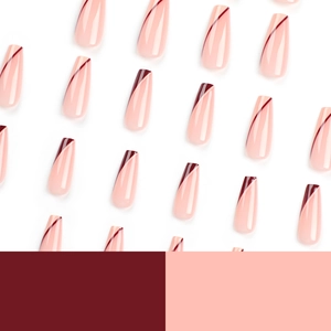 Long coffin false nails in soft pink and wine red geometric minimalist pattern