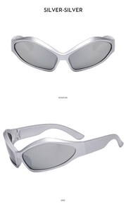 Futuristic silver cat-eye sunglasses with mirrored lenses shown from front and side views