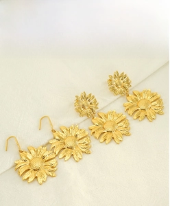 Detailed view of gold sunflower earrings featuring realistic petals and textured centers