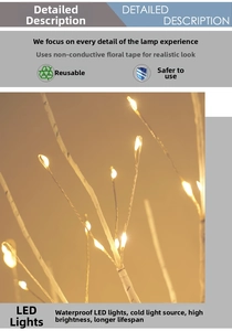 Detail of waterproof LED beads and white birch texture on safe glowing tree branches