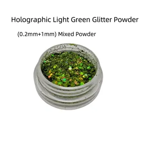 Macro shot of laser light green mixed glitter powder with 0.2mm and 1mm sequins