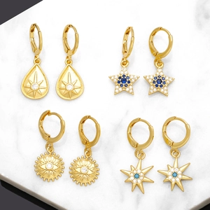 Vintage Copper Gold Plated Star Sun Evil Eye Hoop Drop Earrings Dainty Zirconia Inlaid Celestial Style Jewelry For Women