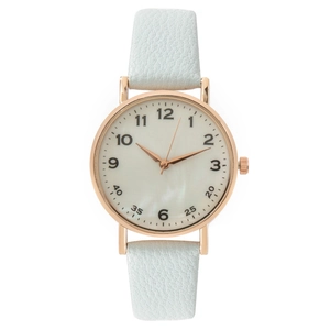 Minimalist women's quartz watch with light blue leather strap and rose gold metal case