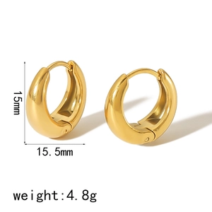 Polished 18k gold plated hoop earrings with 15mm dimensions and 4.8g weight overview