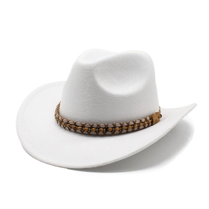 Close-up of white wool felt cowboy hat with braided beaded band and wooden beads detail