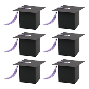 Set of 6 graduation cap candy boxes in black with purple tassels for party favors