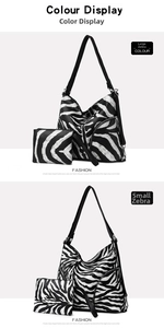 Detail of zebra pattern tote bag set showing large and small animal print textures