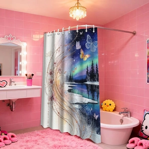 Detail of waterproof polyester shower curtain with celestial forest and butterfly pattern