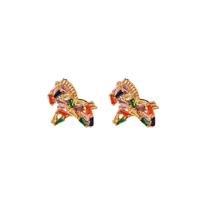 Vintage style gold earrings set with multicolored zircon gemstones in geometric patterns