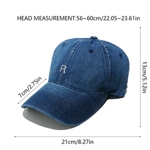 Detailed view of blue denim baseball cap with white R letter embroidery and sizing specs