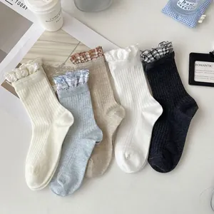 Women Crew Socks Combed Cotton Breathable Sweet Lolita Ruffled Plaid Trim Ribbed Knit Mid Tube Socks