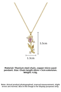 Detailed view of tulip pendant dimensions with pink stones and gold titanium chain
