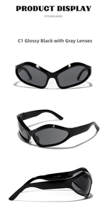 Detail view of black Y2K wraparound sunglasses showing frame hinge and CE certification marks