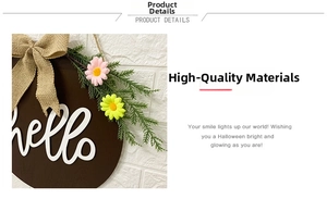 Detail of hello wooden door sign with burlap bow and artificial daisy flowers