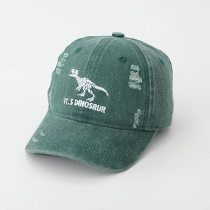Detail of vintage green baseball cap with dinosaur skeleton embroidery and distressed holes