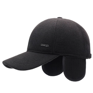 Men's winter baseball cap with ear flaps, thick black thermal fabric and metal sport badge