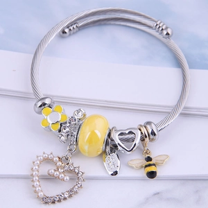 Adjustable Stainless Steel Wire Bangle Bracelet With Bee Heart Alloy Enamel Charms And Imitation Artificial Pearl Women Jewelry