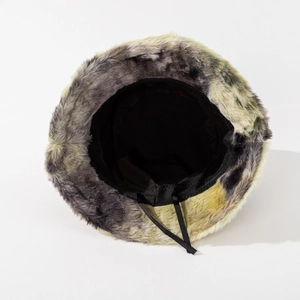 Unisex tie-dye faux fur bucket hat in grey and yellow with adjustable inner drawstring